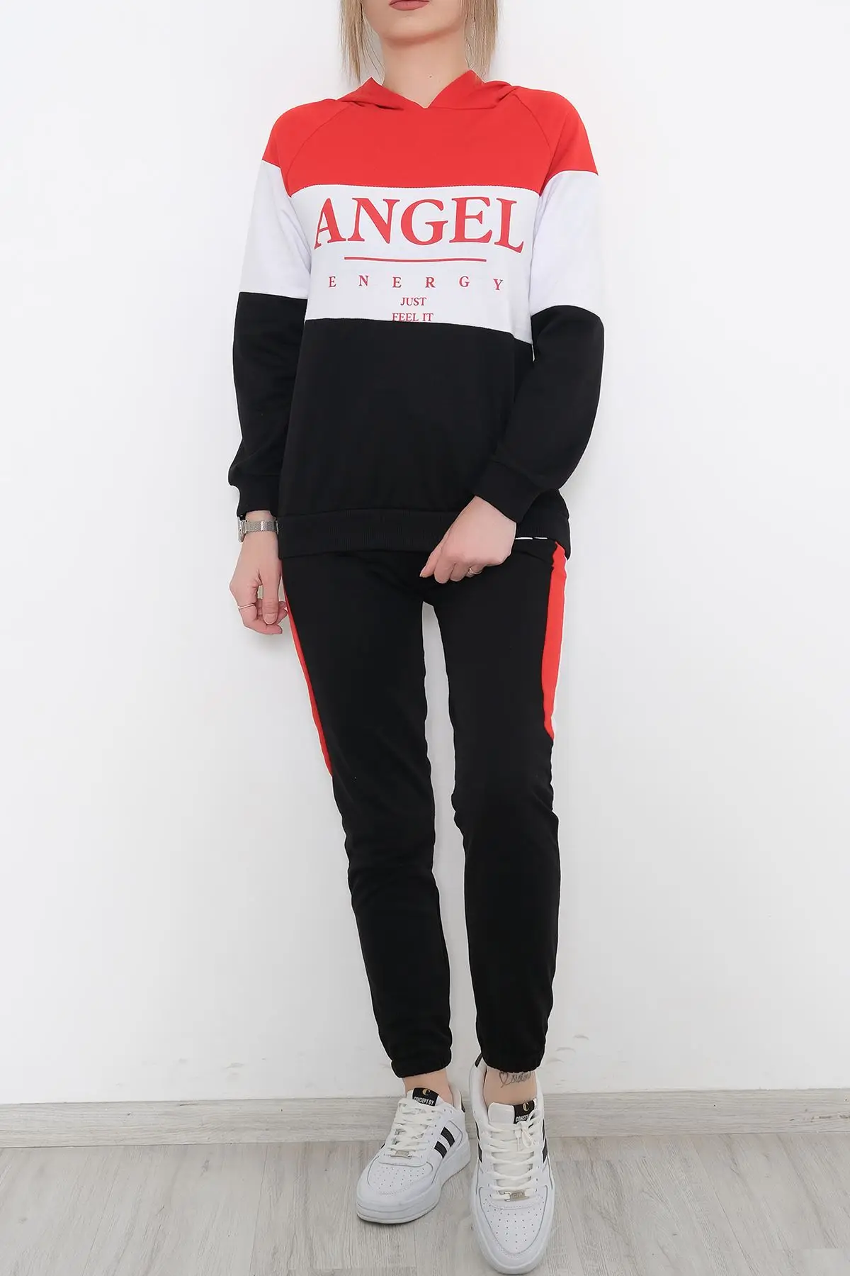 

Women's Red-Black Hooded Long Sleeve Lycra Sport Tracksuit Set New Season Free Shipping