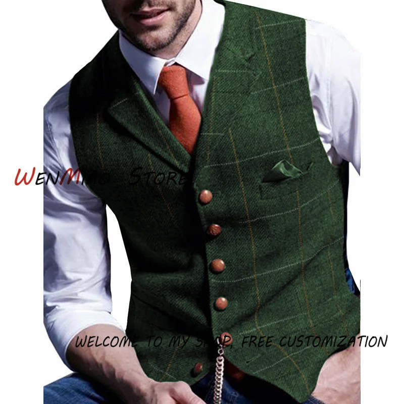 

Mens Suit Vest Notched Plaid Wool Herringbone Tweed Waistcoat Casual Formal Business Groomman For Wedding Green/Black/Green/Grey