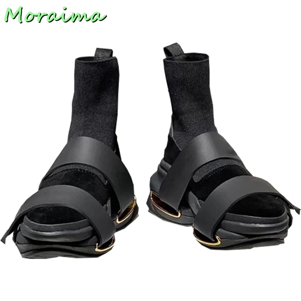 Round Toe Hook Loop Ankle Sock Boots Stitching Hollow Thick Bottom Slip On Black Solid British Style Fashion Women Shoes Autumn