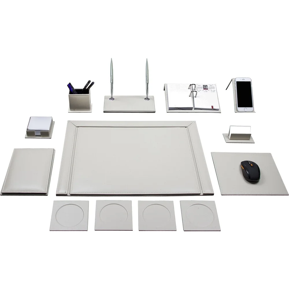 WHITE Office Business Leather Desk Organizer Desk Mouse Pad Mat FULL SET