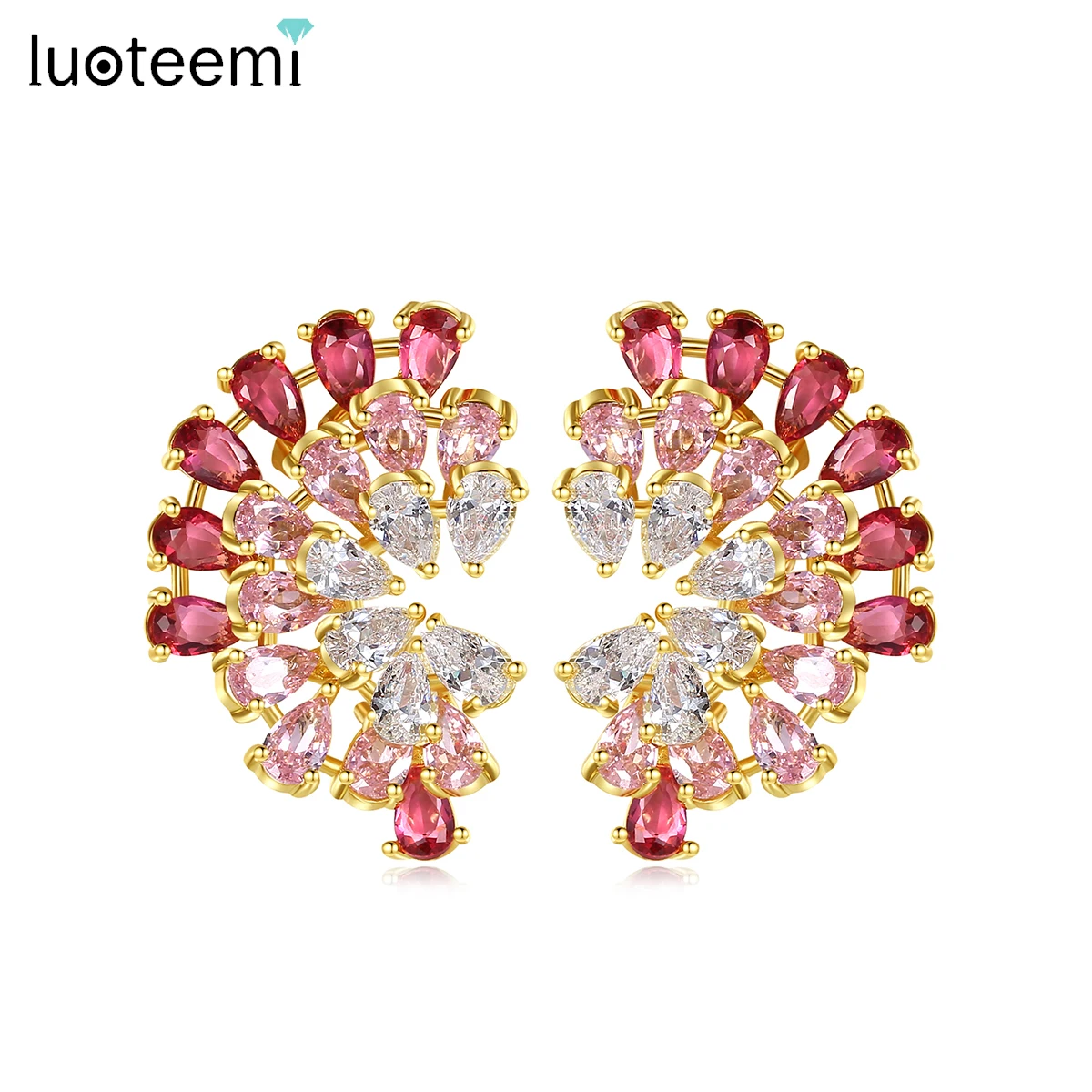 

LUOTEEMI Red Clear Cubic Zircon Big Flowers Stud Earrings for Women Wedding Bridal Fashion Jewelry Satement Girl's Unusual Gift