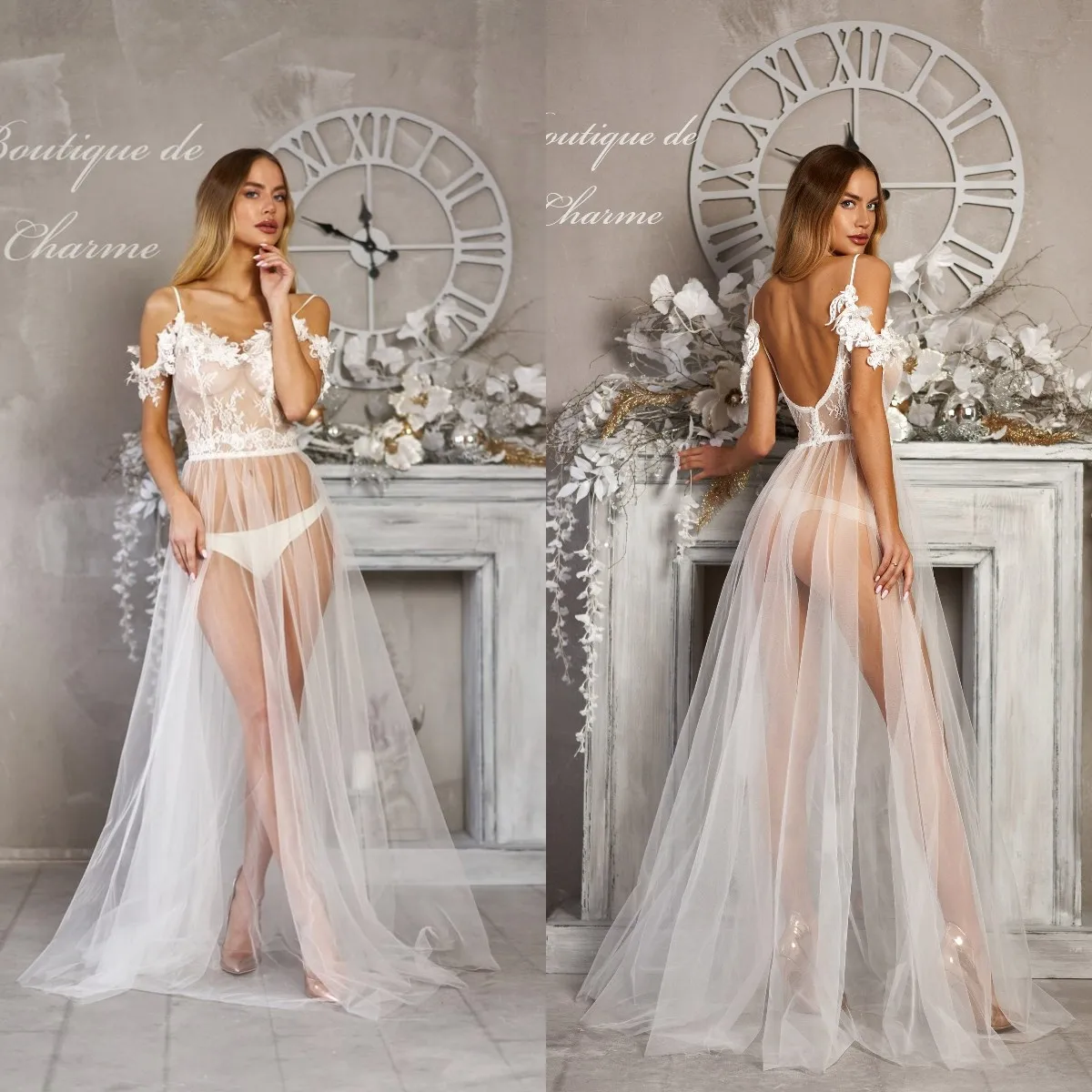 

Sexy White Bridal Robe Nightgowns Off The Shoulder Appliques Wedding Pajamas Illusion V Neck Sleepwear Bridal Boudoir Dress