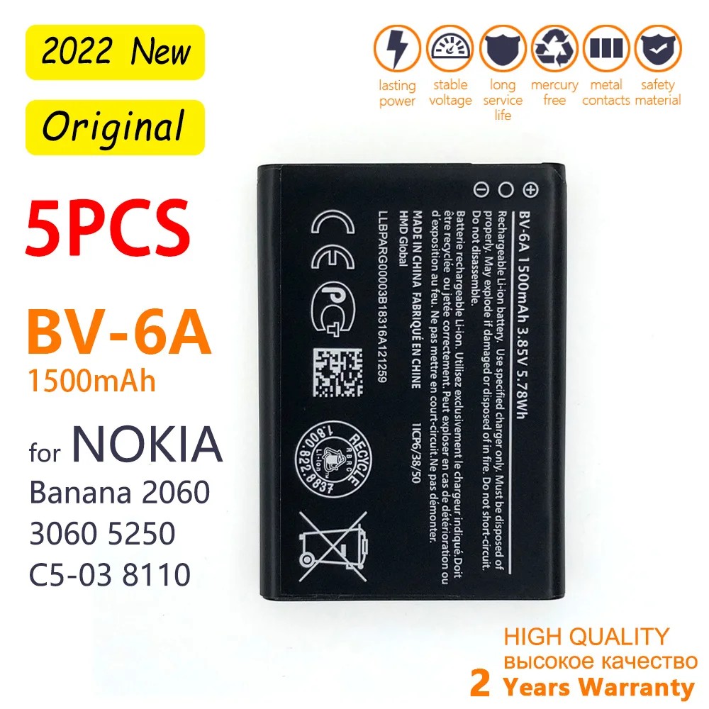 

5PCS Genuine BV 6A BV6A BV-6A Battery 1500mAh for Nokia Banana 2060 3060 5250 C5-03 8110 4G Replacement Mobile Phone Bateria