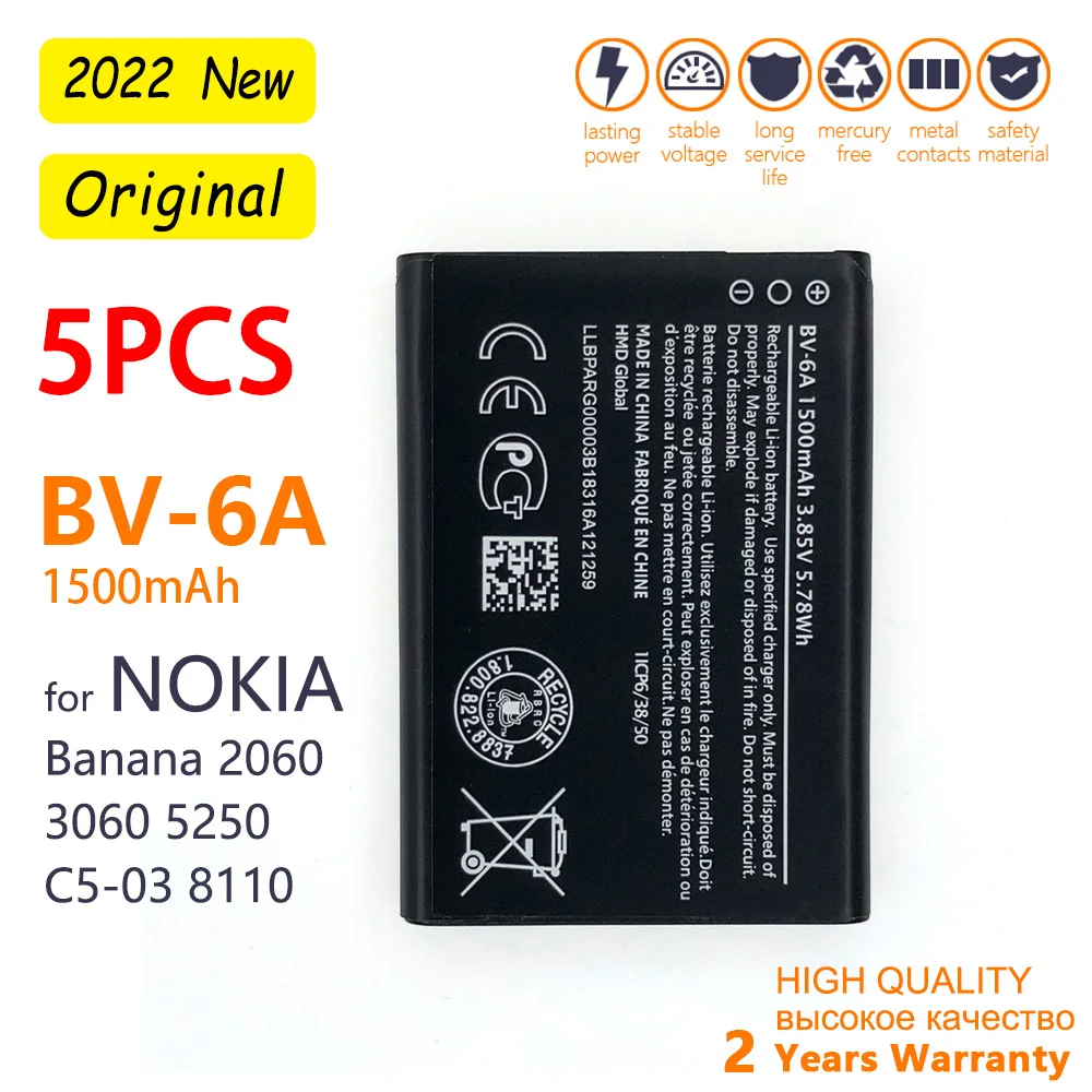 

Оригинальная фотобатарея BV 6A BV6A, 5 шт., 1500 мАч для Nokia Banana 2060, 3060, 5250, 8110, 4G, запасная фотобатарея