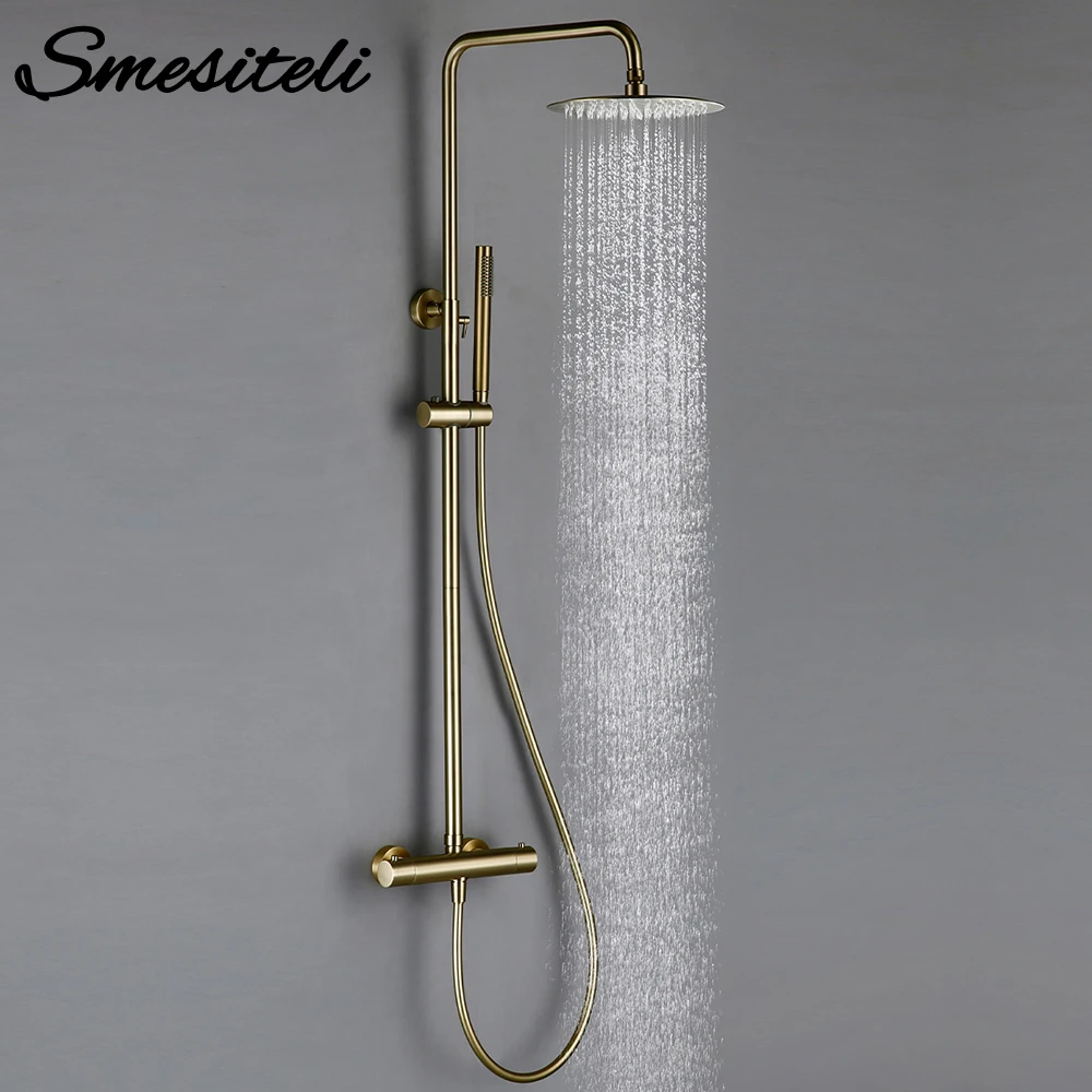 Aliexpress - Brushed Gold Thermostatic Shower Set Faucet Brass Temperature Bathroom System Mixer Tap Rain Head Wall-Mount Handheld Sprayer