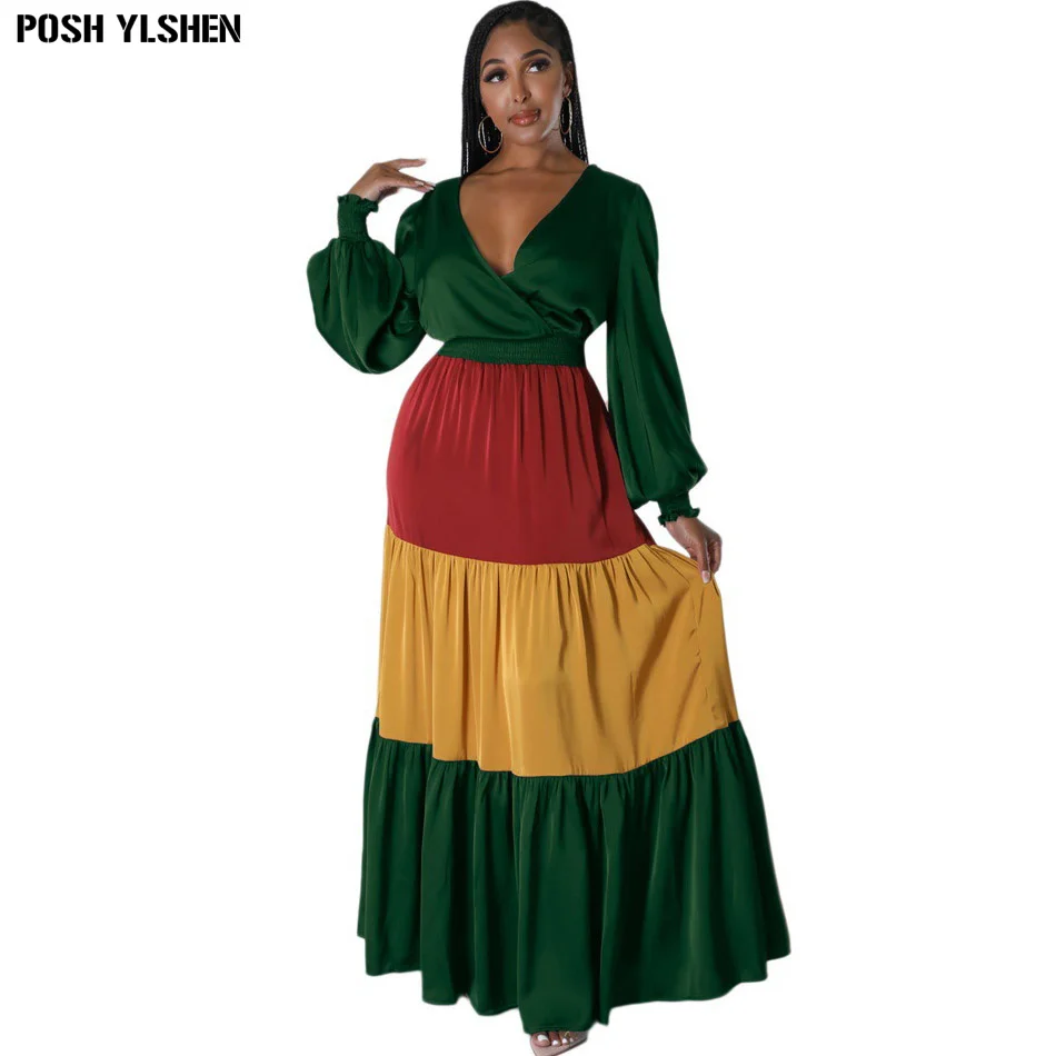 

Африканские Длинные платья для женщин с v-образным вырезом, платье Дашики с геометрическим принтом, Лоскутная африканская одежда размера плюс, Рождественский халат Femme