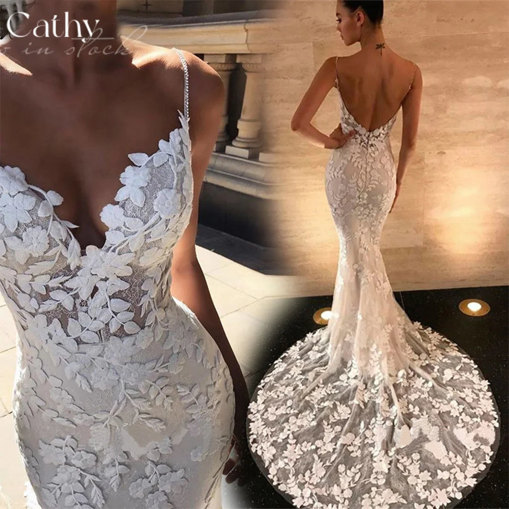 

Sexy Spaghetti Strap Mermaid Wedding Gown Lace Tulle Sweep Train Wedding Dresses For Women Bride Trumpet Vestidos De Novia
