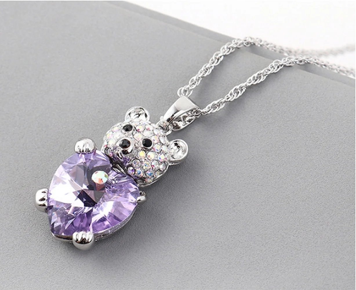 Мода Любовь Кристалл CZ Циркон Медведь Ожерелье для Женщин Милый Обнять Сердце