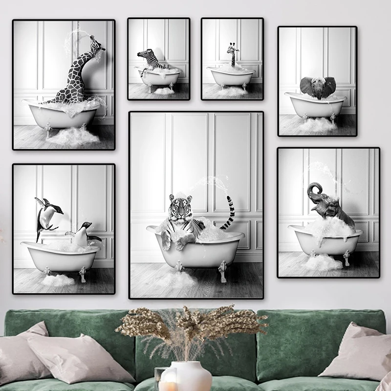 

Black White Animal Bathtub Poster And Print Nordic Canvas Painting Abstract Tiger Wall Art Picture for Living Room Home Decor