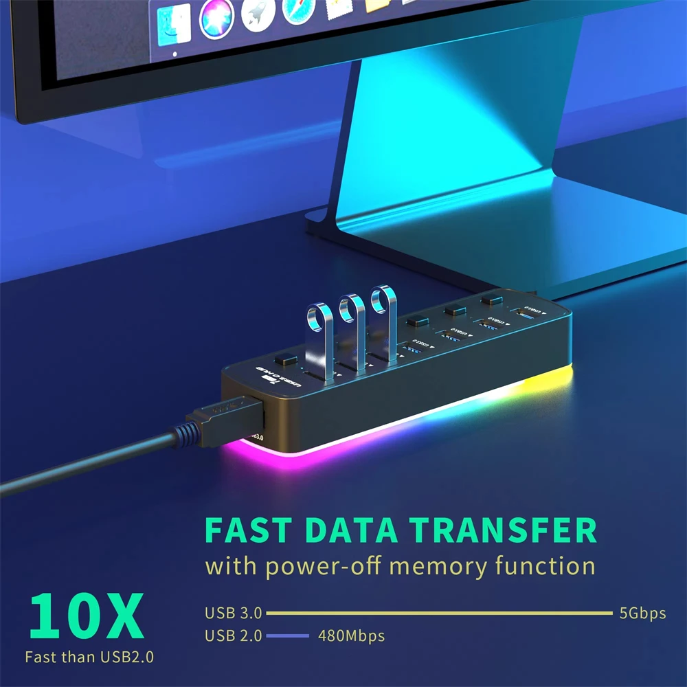Фото USB-хаб на 7 портов USB 3.0, 5 Гбит/с, высокоскоростной USB-разветвитель с индивидуальными переключателями вкл/выкл для ПК, компьютерных аксессуаров, SSD, RGB USB-хаб №5