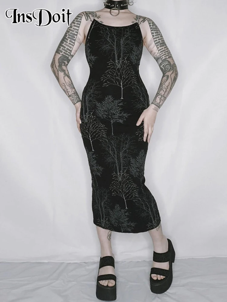 

InsDoit Gothic Clothes Black Summer Dress Women Streetwear Sleeveless Print Sexy Bodycon Dress Vintage Elegant Party Club Dress