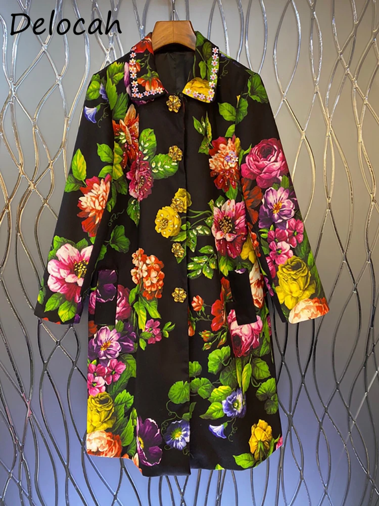 

Delocah High Quality Autumn Women Fashion Runway Blends Coat Long Sleeve Gorgeous Crystal Floral Printed Loose Coats Overcoat