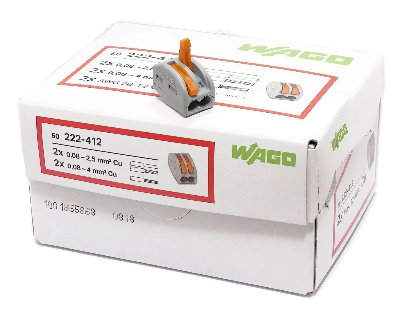 Клеммы WAGO 222-412 (2х2,5мм2 с рычажком) уп.(50шт)