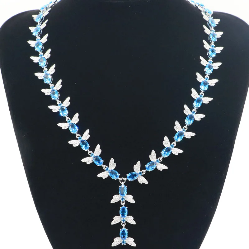 

42x15mm Gorgeous 37.8g Swiss Blue Topaz White CZ Women Wedding Silver Necklace 16.5-18.5inch