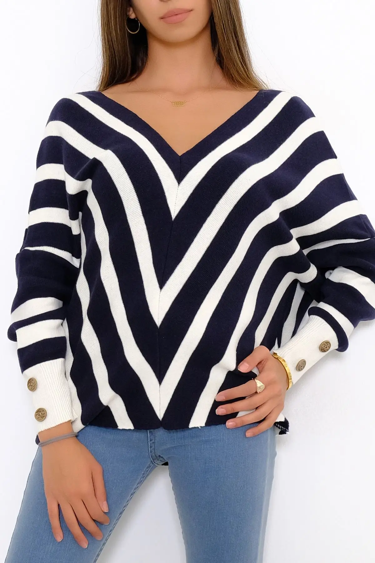 

Women Dark Blue 70 Acrylic 30 Wool Lycra Long Sleeve V collar Tip Button Knitwear Sweater New Season Free kargo