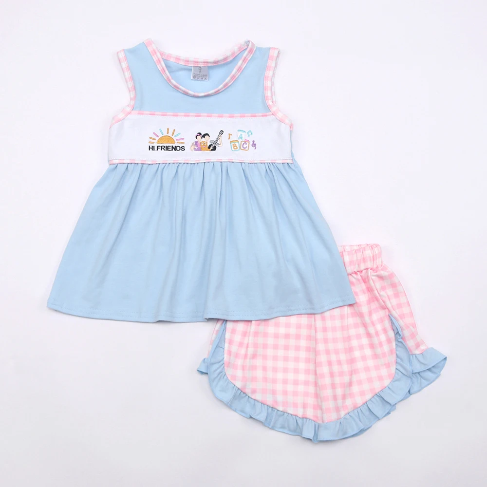 

2023 New Style Baby Girl Clothes July 4th Theme Children Boutique Outfit With Fireworks Embroidery Cotton Kid Bluey And Red Set