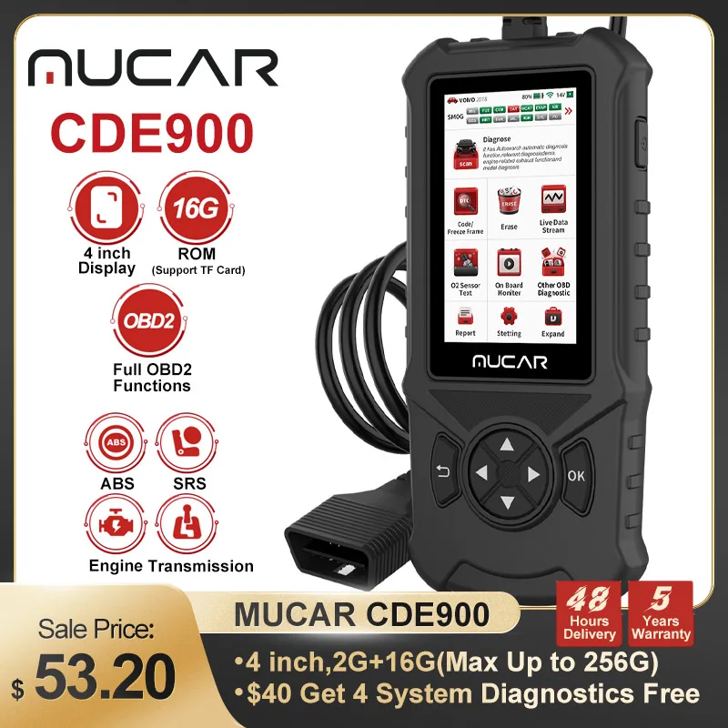 MUCAR CDE900 OBD 2 Car Diagnostic Tools Engine TCM ABS SRS 4 Systems Auto Car OBD2 Code Reader Scanner Lifetime Free Upgrade