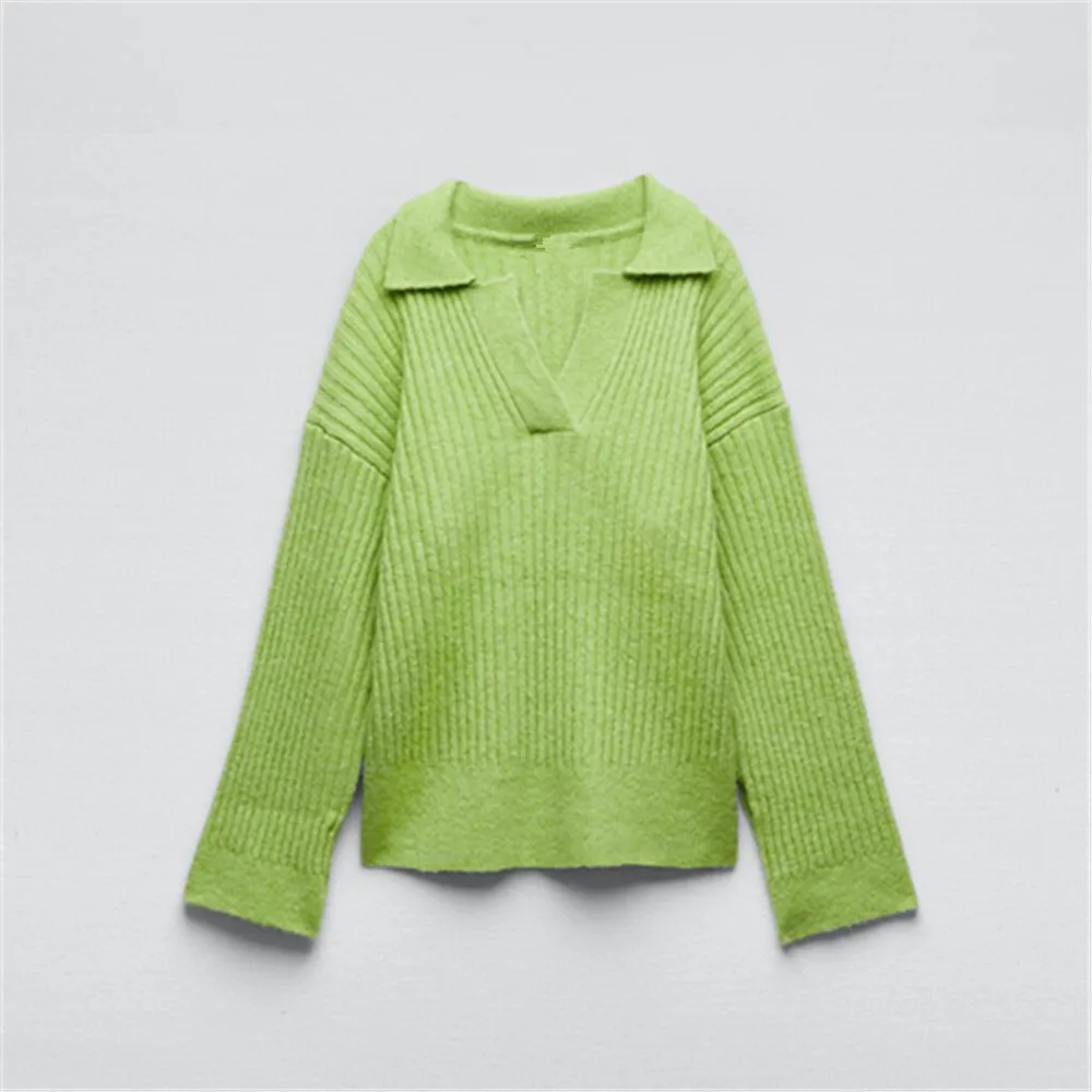 

PB&ZA autumn new women's fashion casual V-shaped lapel long-sleeved loose all-match ribbed sweater 4331/154