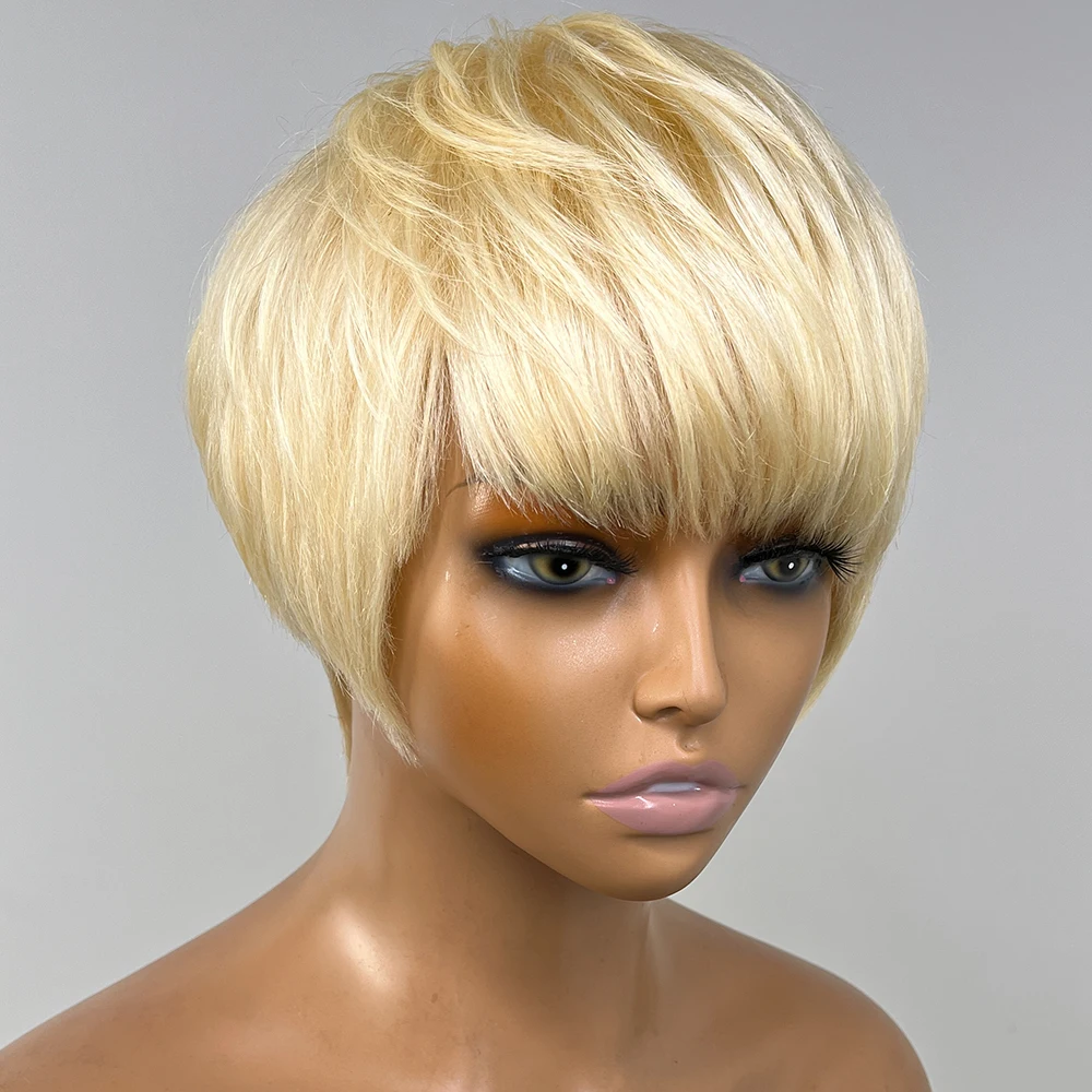 

Short Pixie Cut Bob Wig With Bangs 613 Blonde Wave Wavy Human Hair Wig Brazilian Hair Glueless Wig For Women Machine Made Wig