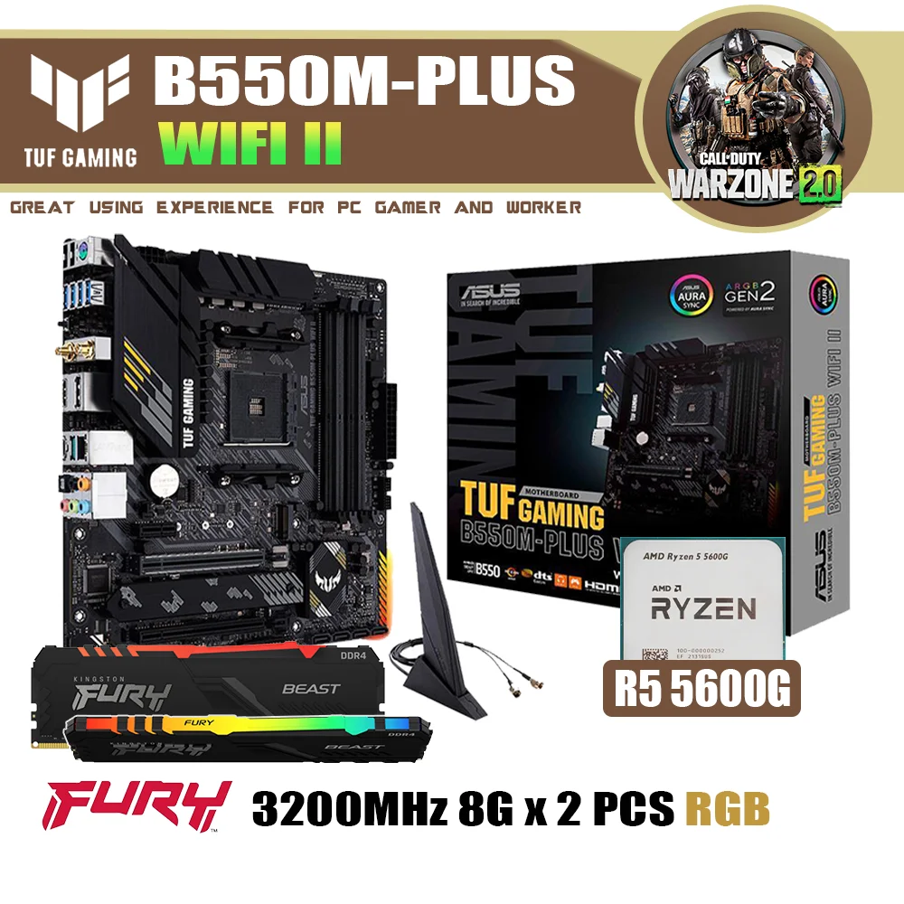 

NEW Kit ASUS TUF GAMING B550M-PLUS (WIFI) II AM4 Motherboard With AMD Ryzen 5 5600G Processor Fury 3200MHz 8G x2 RGB DDR4 Memory