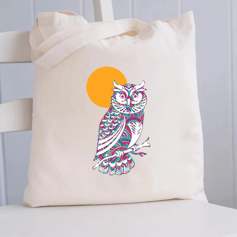 

Women's Bags Colorful Owl Print Canvas Top-Handle Bags Large Capacity Reusable Casual Handbags Fashion Ladies Shoulder Bag