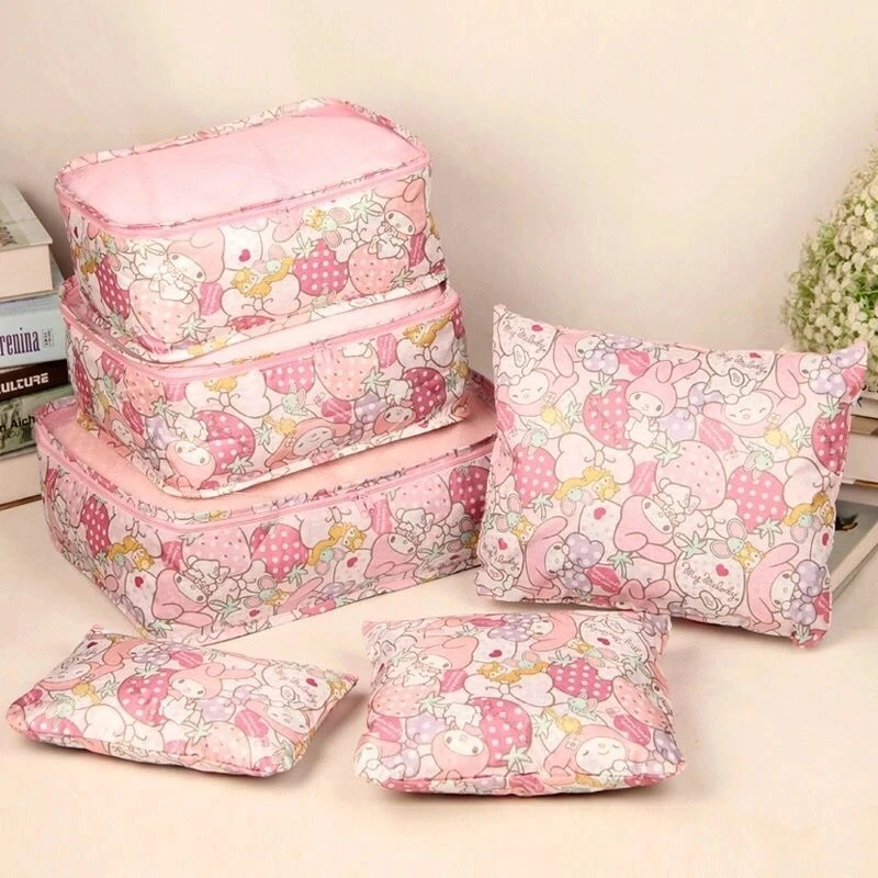 

Cute Cartoon My Melody Business Trip Travel Packing Clothing Luggage Organizing Bag Travel Buggy Bag Six-Piece Set