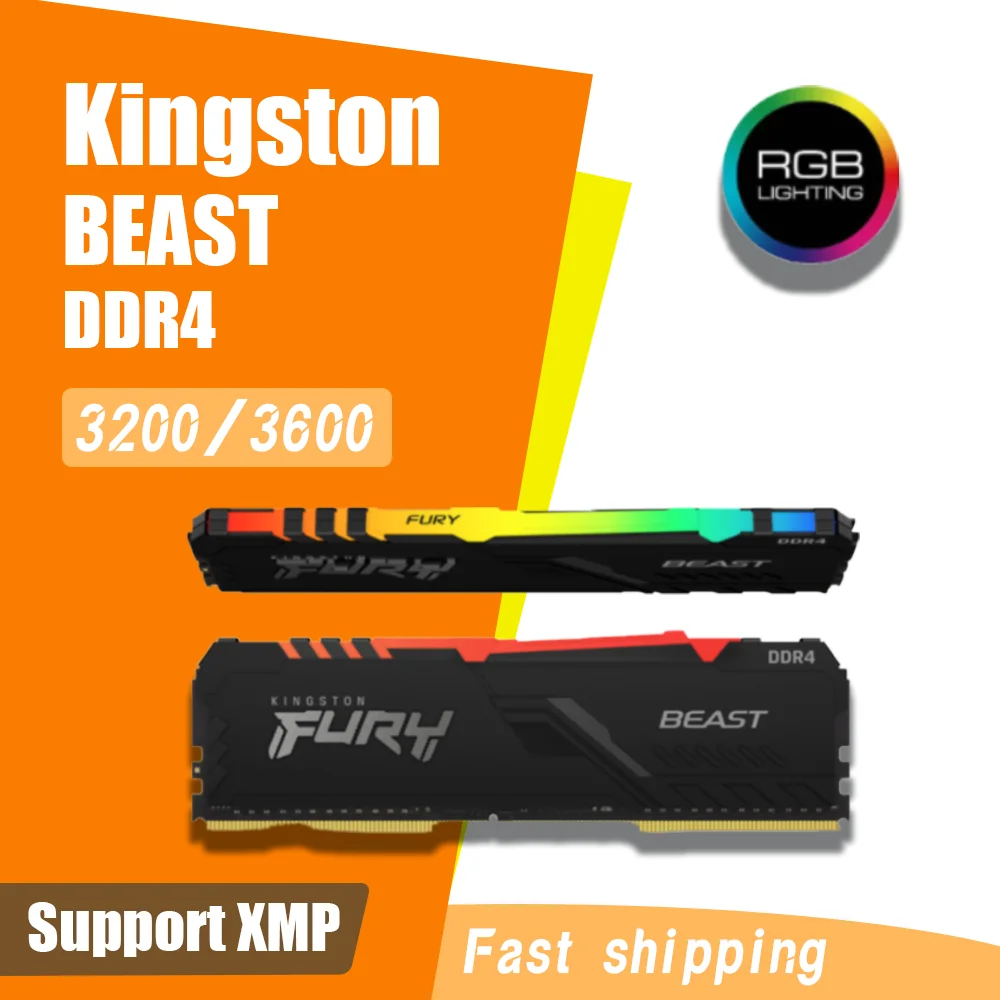 

Память Kingston FURY Beast DDR4 RGB ОЗУ 8 ГБ 16 ГБ 32 ГБ до 3600 МГц Kingston память для настольного ПК с поддержкой LGA1700 4AM материнская плата XMP Поддержка комплекта материнской платы INTEL AMD для ПК-геймеров