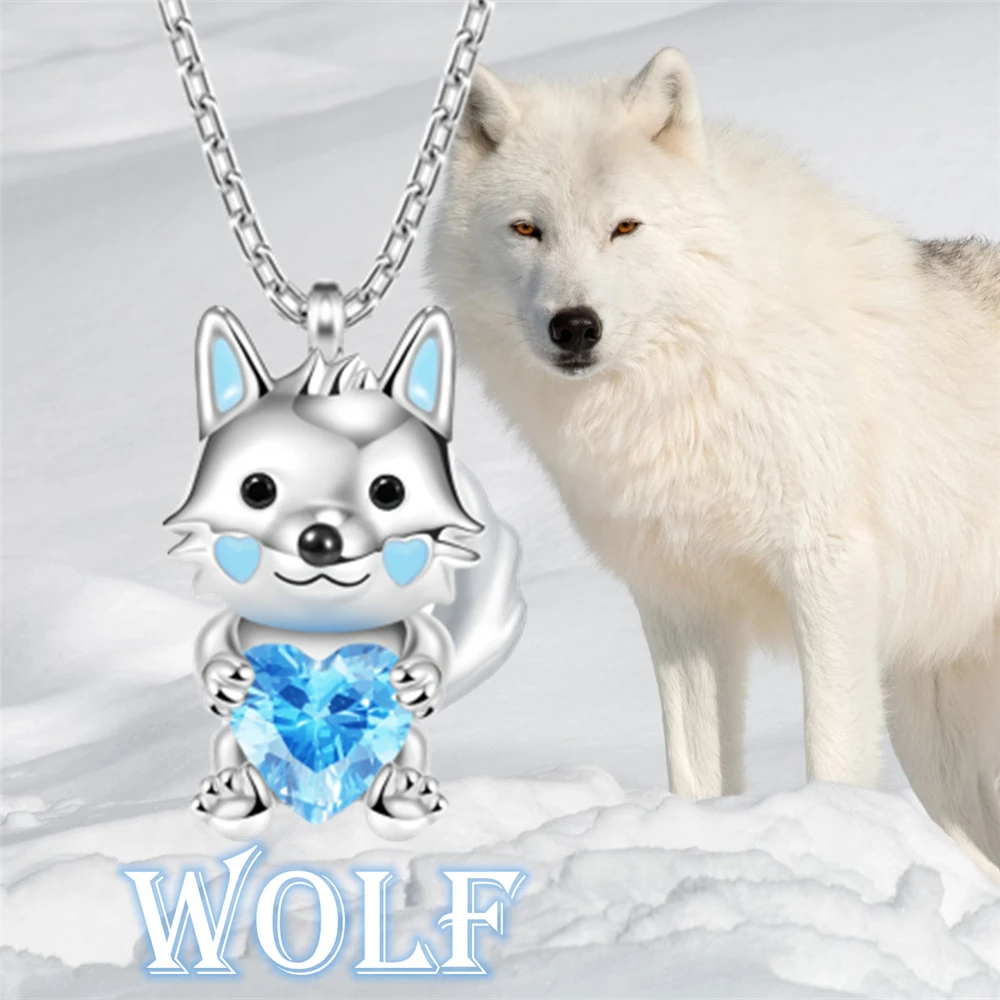 

Creative Cute Arctic Wolf Heart Blue Crystal Pendant Necklace for Women Exquisite Animal Jewelry Party Accessories Birthday Gift