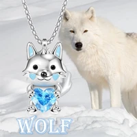 creative cute arctic wolf heart blue crystal pendant necklace for women exquisite animal jewelry party accessories birthday gift