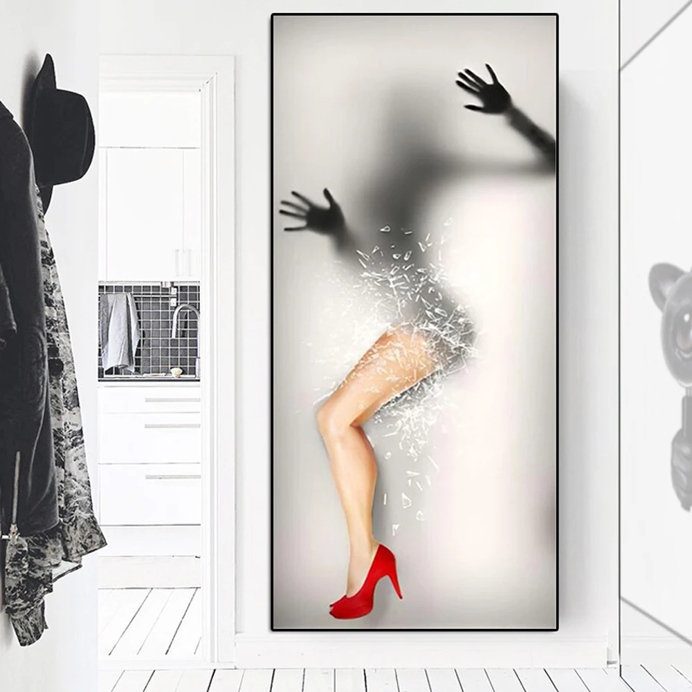 

Sexy Red High Heels Girl Canvas Painting Women Behind Glass With Red Umbrella Poster Modern Wall Art Living Room Home Decoration