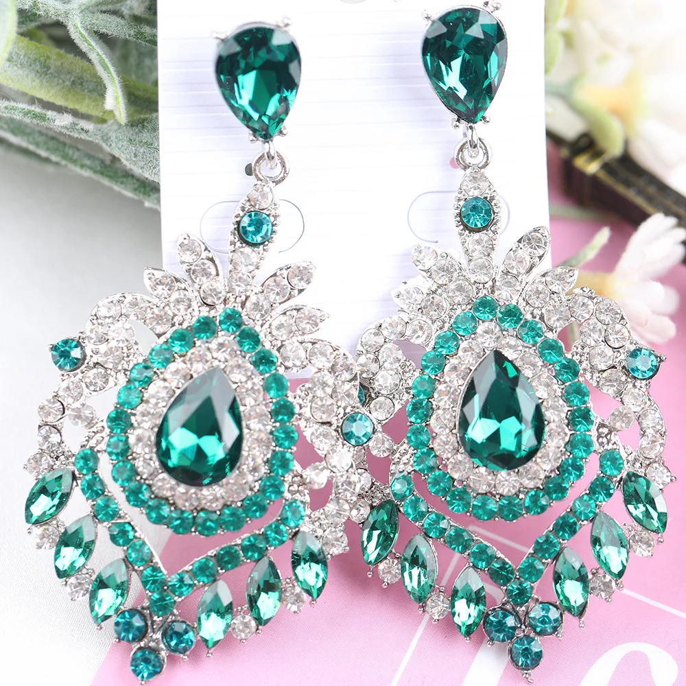 

Luxury Jewellery Statement Jewelry Bridesmaid Dangle Vintage Green Emerald Crystal Drop Rhinestone Chandelier Earrings for Women