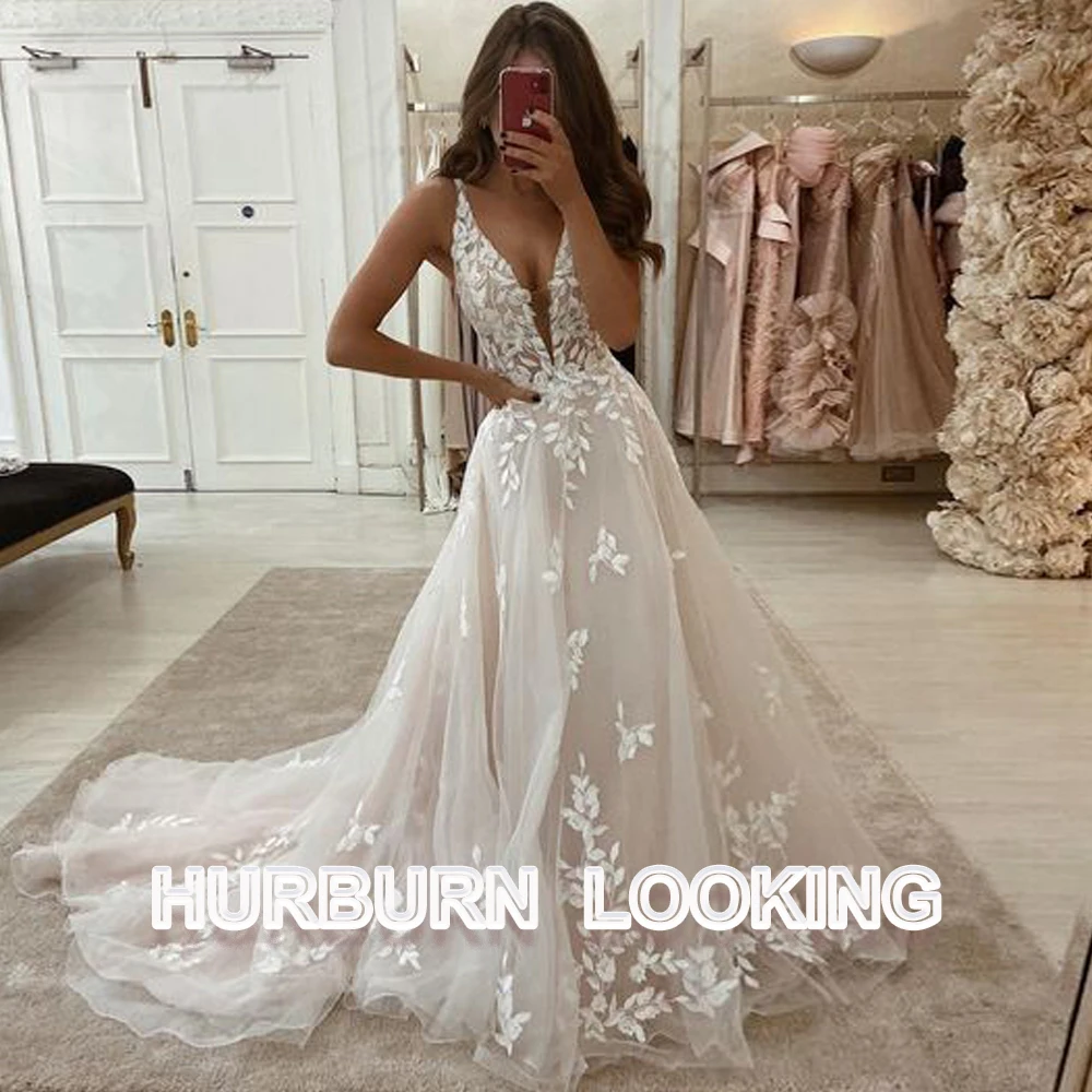 

HERBURN Fashion Simple Wedding Dresses Deep V-Neck Court Train Lace Up Made To Order Vestidos De Novia Brautmode Robe Mariee