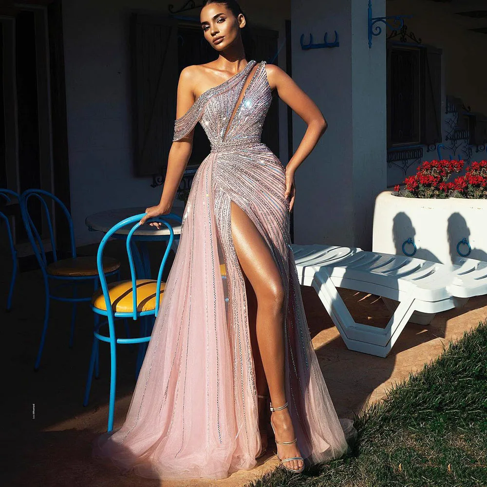 

Sexy Pageant Dresses One Shoulder Arabic Mermaid Evening Dress Pink Shiny Sequins Formal Party Gowns High Split Prom Gown فستان