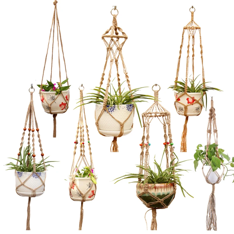

Handmade Flower Pot Net Bag Hemp Rope Braided Plant Hanging Basket Garden Plant Hanger Pot Tray Home Vintage Decor