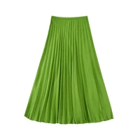 clothland women chic green pleated skirt side zipper high waist european style basic casual midi skirts mujer ba164