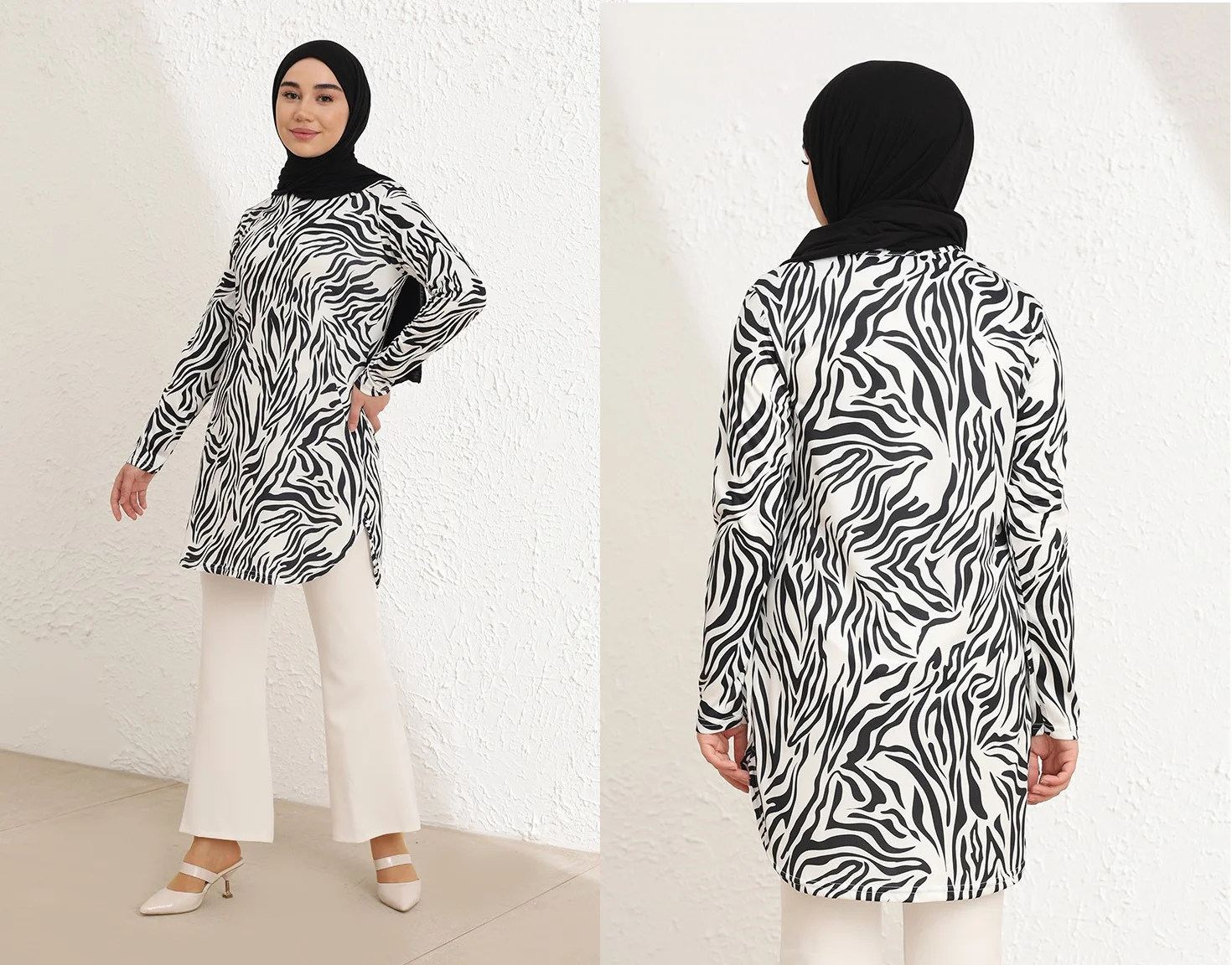 

Мусульманская женская туника с длинным рукавом, 4 сезона, с принтом зебры, Элегантная Модная туника с круглым вырезом, повседневная одежда в ...