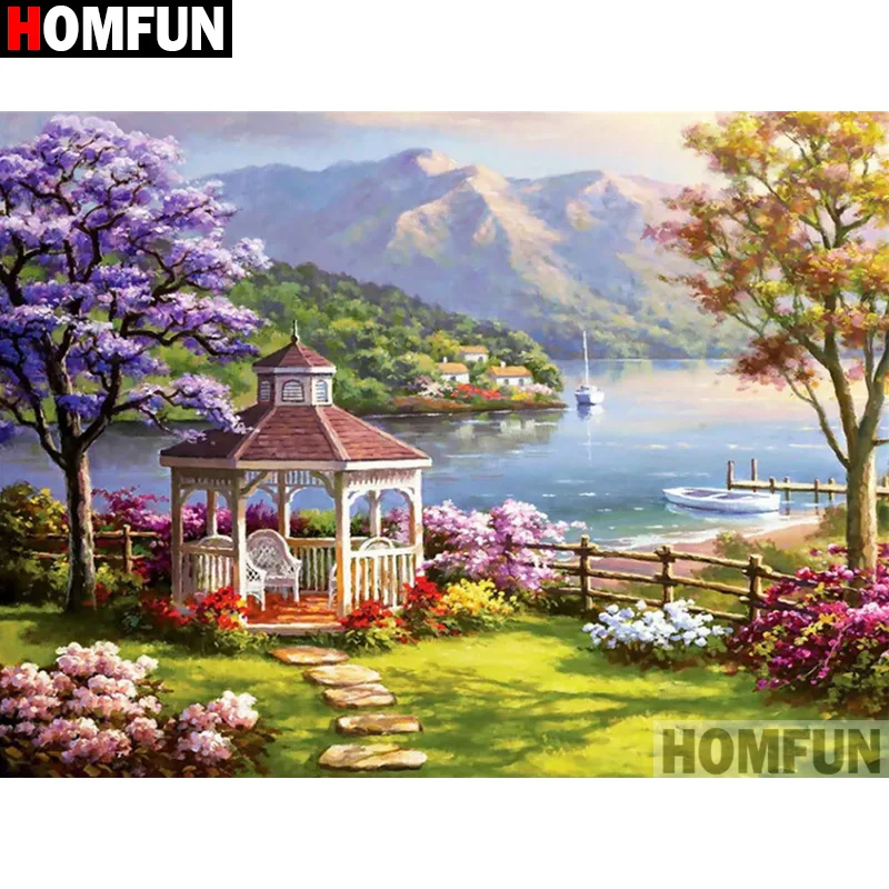

Алмазная 5D картина HOMFUN с полным напылением, «пейзаж, дом, дерево, озеро», картина «сделай сам», вышивка крестиком, Декор