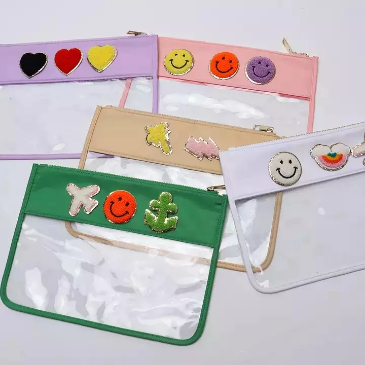

18 Colors Stock Personalized Letter Patch Clear Toiletry Bag Transparent Nylon Zipper Pouch Flat PVC Cosmetic makeup Bag