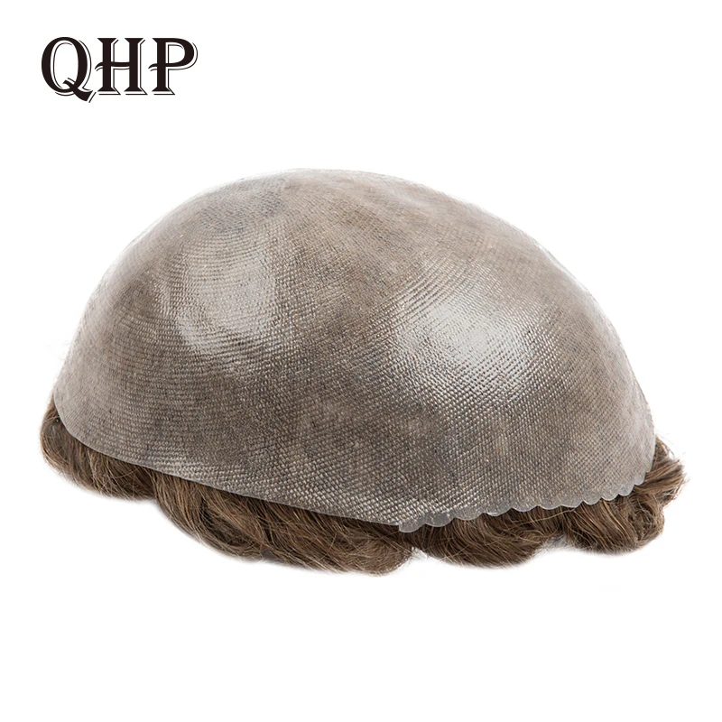 QHP Men Capillary Prosthesis Full Pu Toupee 100% Indian Human Hair Replacement System Straight & Wave Unit Mens Wig 130% Density