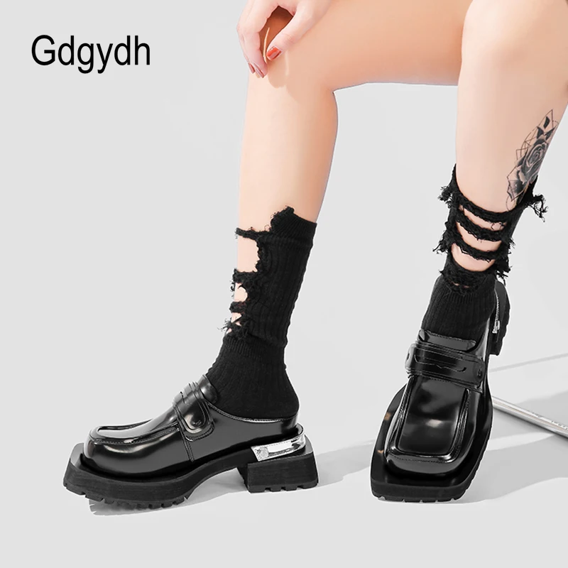 Gdgydh Korean Style Women Platform Mules Square Toe Solid Color Chunky Heels Slides Outdoor Casual Shoes Non-slip Slippers