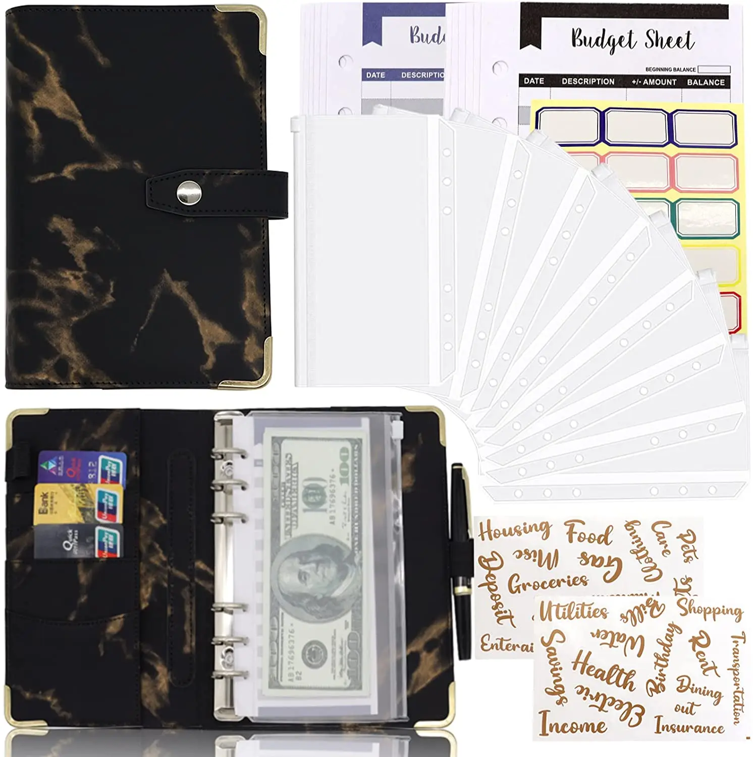 Marble A6 Budget Binder PU Leather Loose Leaf Notebook with Cash Envelope System, Zipper Pocket for Cash Budgeting Saving Binder