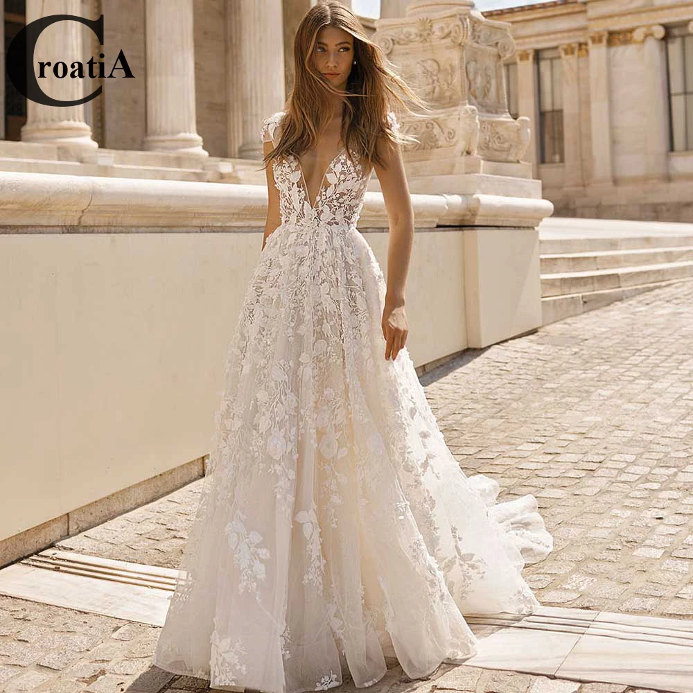 

Croadia Pastrol Wedding Dresses 3D Blossoms Princess Charming New Vestido De Noiva Gelinlik Dubai Bridal Engagement Robe Mariee