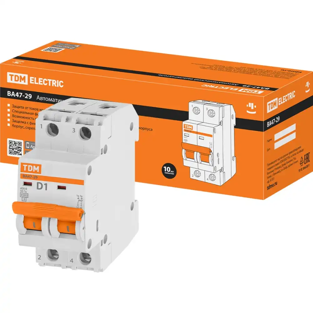 Автомат TDM ВА47-29 2Р 1 А 4 5 кА D