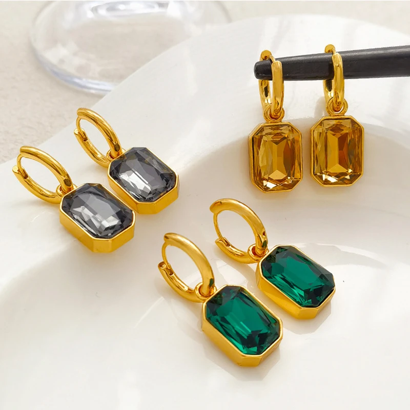 

Luxury Women's Crystal Stainless Steel Earrings Gold Plated Square Hoop Dangle Earrings Cubic Zirconia Huggie Jewelry Gift
