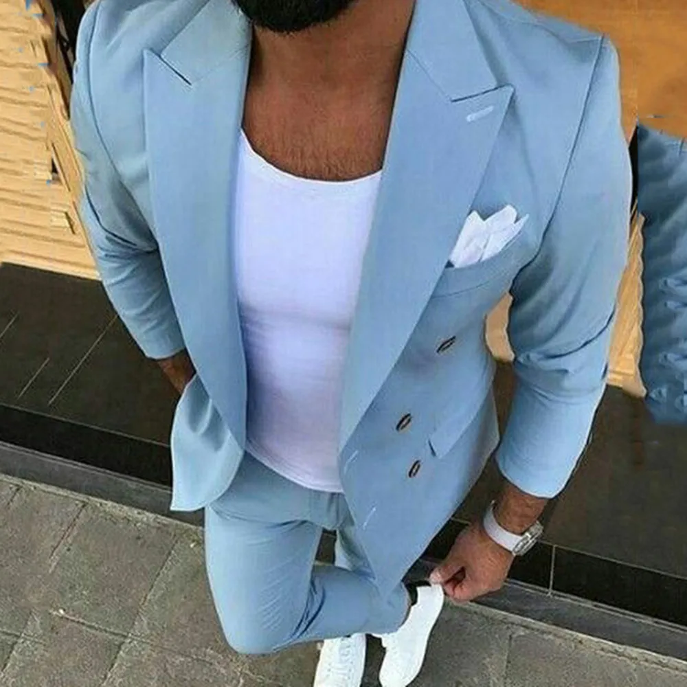 Summer Latest Coat Pant Light Blue Men Suit Double Breasted Groom Wedding Tuxedos Costume Homme Slim Fit Terno Masculino 2 Piece