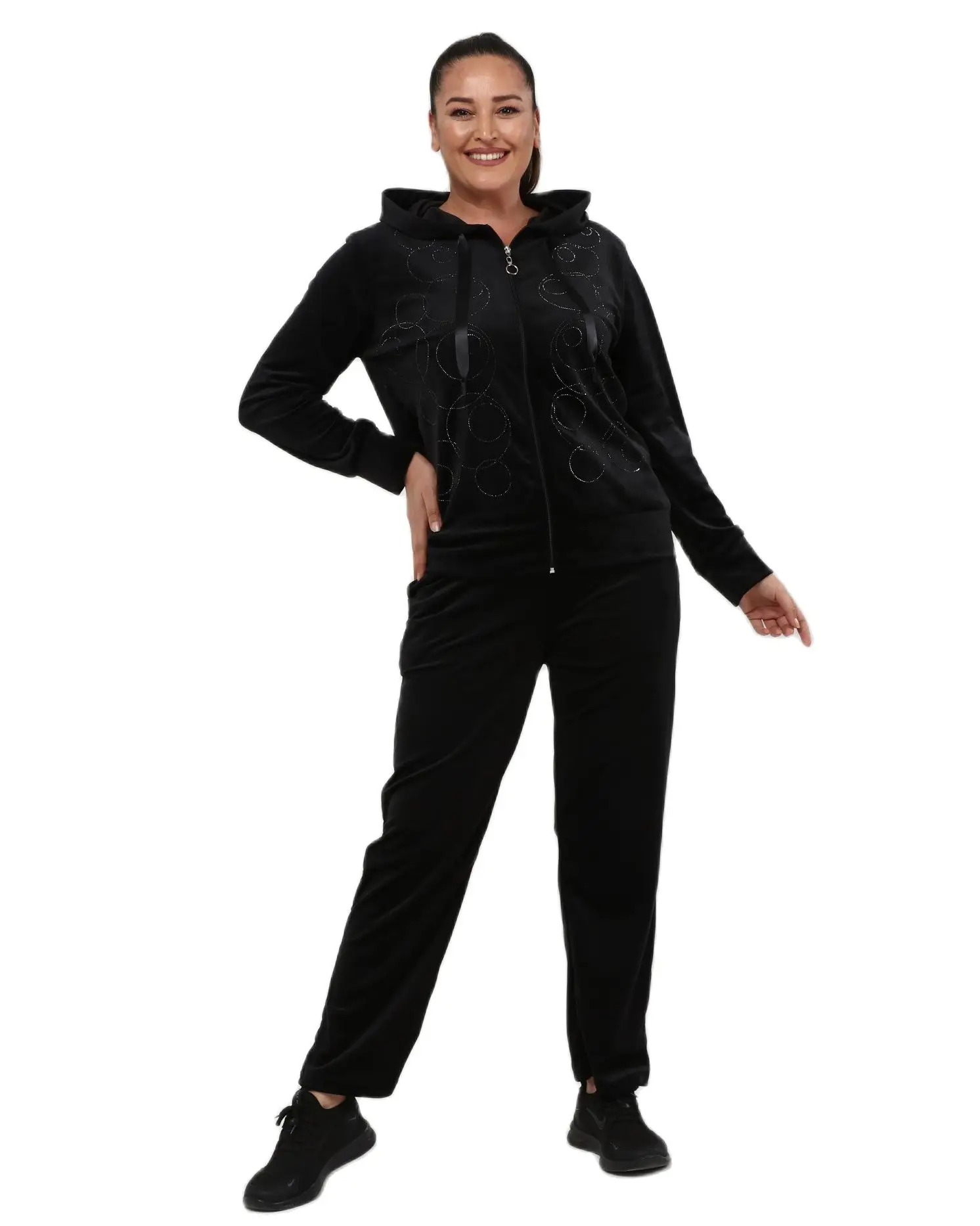 Women’s Plus Size Black Sweatsuit Set 2 Piece Circle Stone Print Velvet Tracksuit, Designed and Made in Turkey, New Arrival