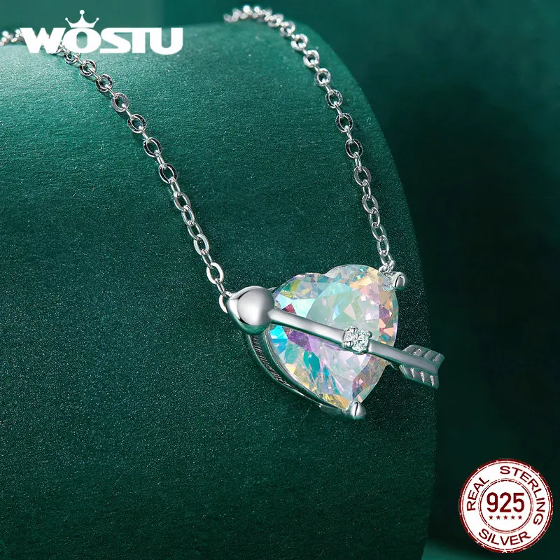 WOSTU 925 Sterling Silver Original Zircon Love Necklace Adjustable Neck Chain Cupid Arrow Heart Pendant For Women Jewelry Gift