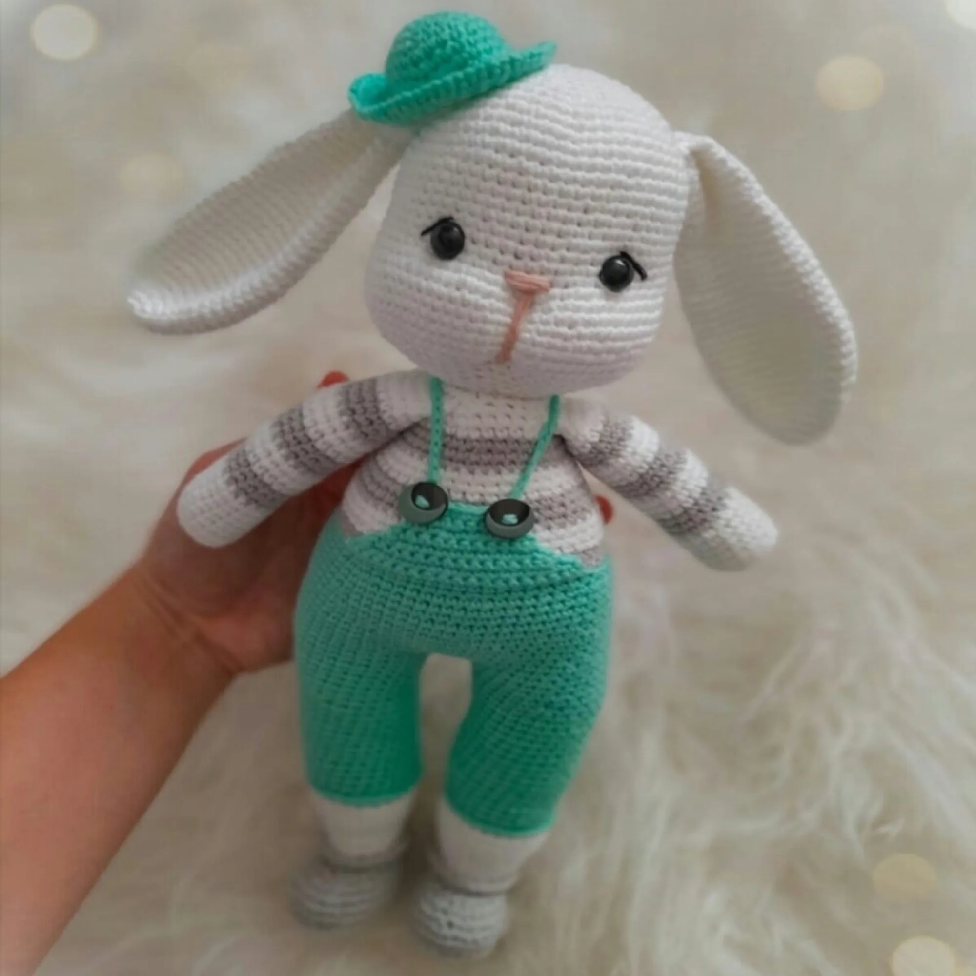

Amigurumi Rabbit Overalls in Gift Organic Knitted Animal Toy Washable Handmade Newborn Sleeping Companion Sweet Baby Playmate