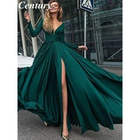 century satin chiffonprom gowns v neck brush train wedding party dress dark green prom dresses vestido de fiesta de boda 2022