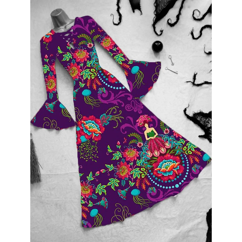 

Day of the Dead Skull Pattern V-Neck Long Women's Dress
